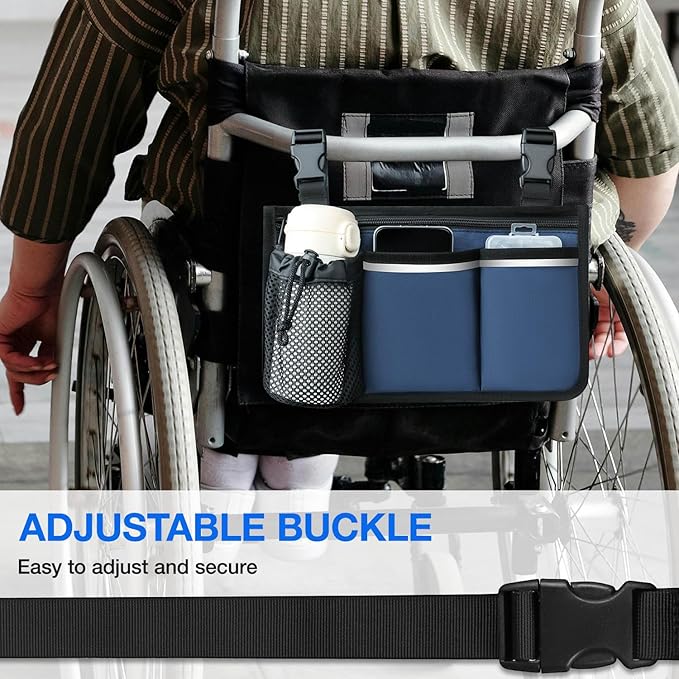 Wheelchair Bag, Walker Bag, Armrest Organizer Pouch with Cup Holder, Reflective Strip, Accessories for Most Wheelchairs, Walkers, Rollators (Navy Blue)