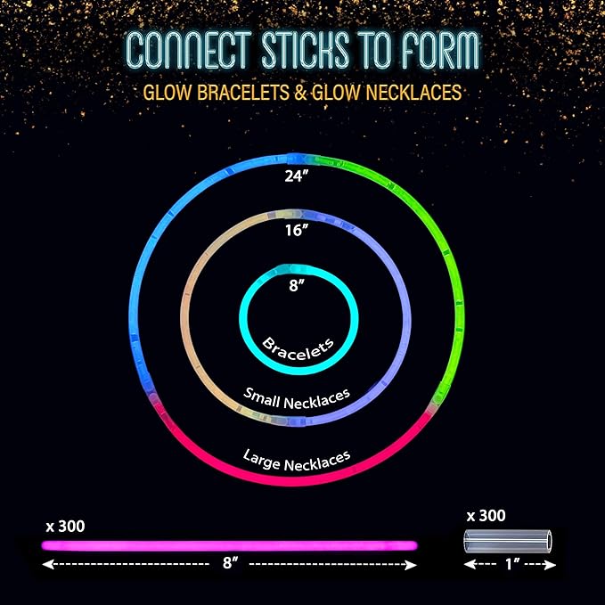 GemPrime 300 Pack Super Bright Glow Sticks Bulk Glow in the Dark Party Supplies - Assorted Colors for Party Favors, Long Lasting Neon Party Decorations with Connectors for Bracelets and Necklaces