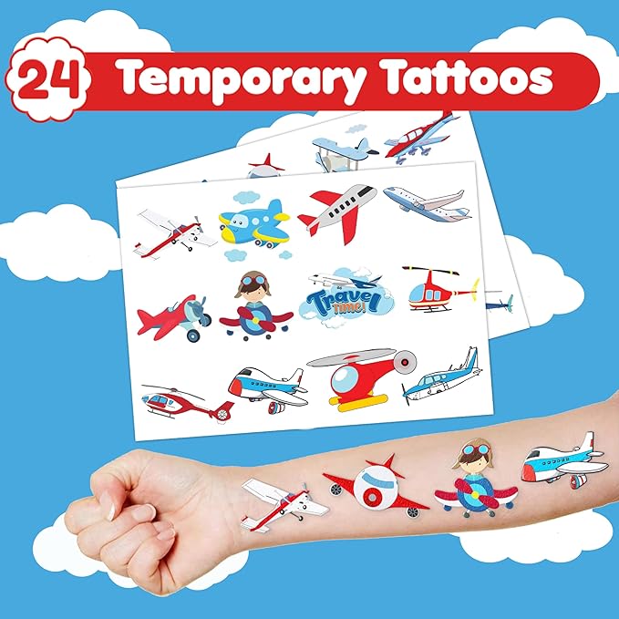 48PCS Airplane Party Favors - 24PCS Temporary Tattoos & 24PCS Airplane Slap Bracelets - Themed Birthday Party Supplies for Boys & Girls - Perfect Decorations, Gifts, School Prizes, Carnival Rewards