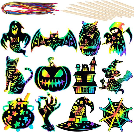 Halloween Scratch Paper Art Set - 48 Pcs Halloween 12 Design Magic Rainbow Scratch Off Cards for Kids, Hanging Ornaments for Halloween Party Favors Activities