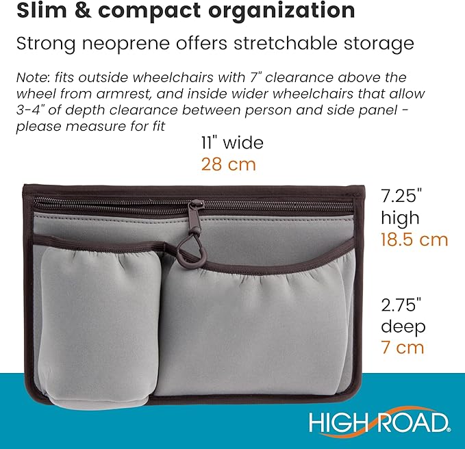 High Road Wheelchair Side Bag - Stretch Neoprene Walker Pouch with Insulating Cup Holder and 2 Storage Pockets