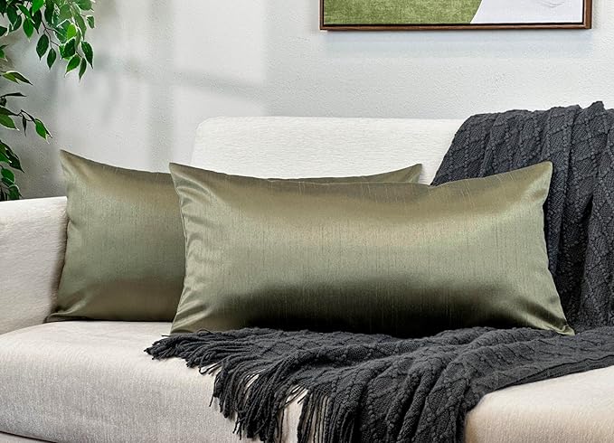 Aiking Home 12x24 Inches Faux Silk Rectangular Throw Pillow Cover, Zipper Closure, Sage (Set of 2)