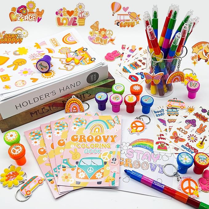 72 Pcs Groovy Coloring Book with Crayons Bulk,Retro Hippie Daisy Flower Party Favors Goodie Bags Fillers,Rainbow Boho Birthday Party Supplies Face Stickers Tattoo Prizes Gift for Groovy Party