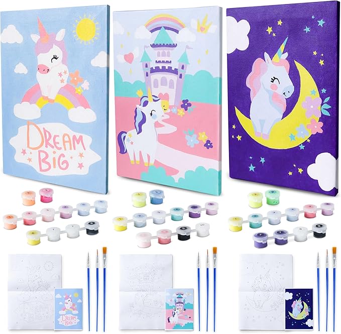BONNYCO Paint by Numbers Kit for Kids Unicorns Pack 3 Canvas Paint by Number Canvas Framed Unicorn Gifts for Girls Arts and Crafts Kids Paint by Number Kits, Pre Drawn Canvas for Painting for Kids