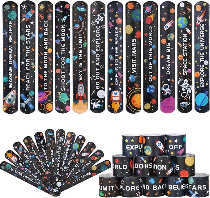 144 Pieces Space Slap Bracelets Astronaut Planet Rocket Space Ship Wristbands Bracelets Fun Words Printed Slap Bracelets Wristband for Party Favor Gifts School Classroom Prize Exchange,12 Styles