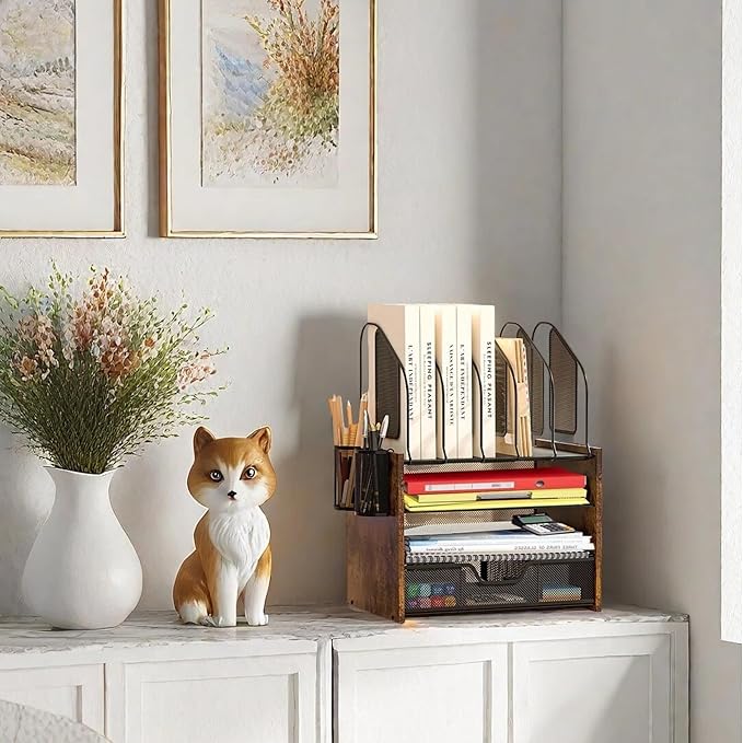 Wood Desk Organizer - 4-Tier Desktop File Organizer with Drawer, Wooden Paper Tray, Vertical File Holders & 2 Pencil Holders - Office Desk Organizer for Papers, Mail, Notebooks, Stationery