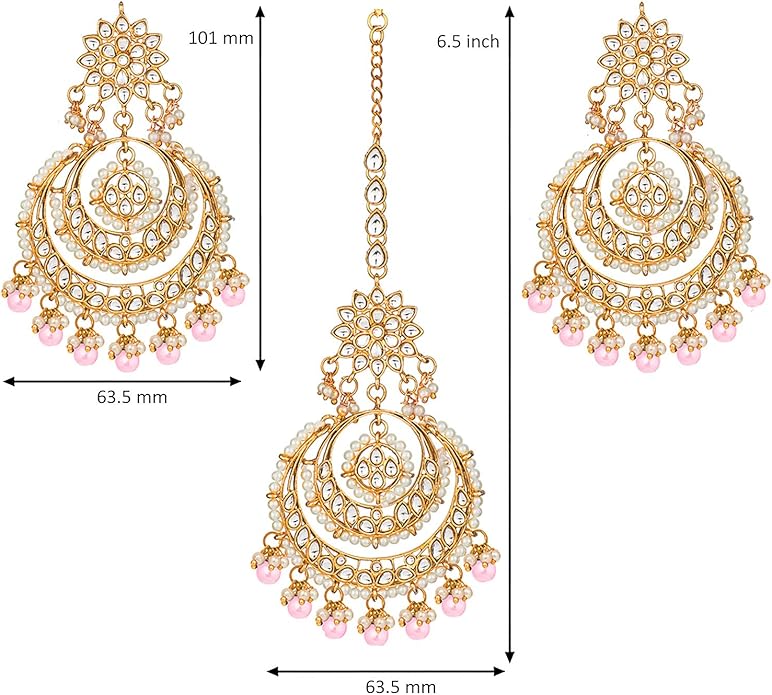Aheli Bollywood Ethnic Chandbali Style Big Earrings Maang Tikka Set Traditional Fashion Jewelry Gift for Women