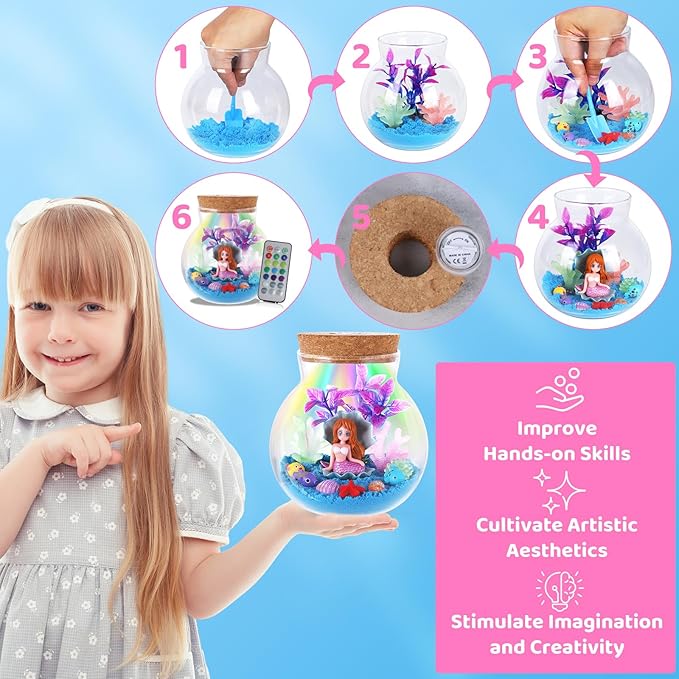 Kids Mermaid Terrarium Crafts Kit, Remote Control 13-in-1 LED Night Light Up Color, Mermaid Birthday Gifts Toys for Girls, DIY Mermaid Arts Toys Gifts for Girls Ages 4 5 6 7 8 9 10 11 12 Year Old