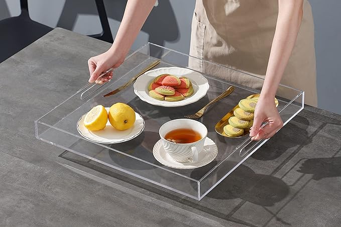 BEYLANG Clear Sturdy Acrylic Serving Tray with Handles-24x24Inch-Serving Coffee,Appetizer,Breakfast,Butler-Kitchen Countertop Tray-Makeup Drawer Organizer-Vanity Table,Ottoman Tray-Decorative Tray