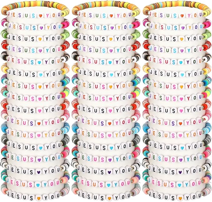 48 Pcs Bracelets Jesus You Bracelets Handmade Elastic Beaded Bracelets Colorful Layered Cross Bracelets Inspirational Religious Reminder Jewelry Gift for Her (Heart)