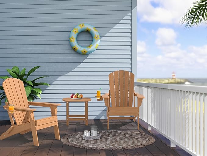 Upgraded Folding Adirondack Chair with All-Weather Cup Holder-EcoVida, Premium Wood Grain Texture, HDPE Waterproof, Suitable for Fire Pit, Patio, Porch, Cedar