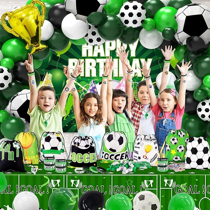 98Pcs Soccer Party Favors, Soccer Drawstring Bags with Silicone Bracelet Soccer Whistles Stickers Soccer Goodie Bags for Soccer Party Decorations Supplies