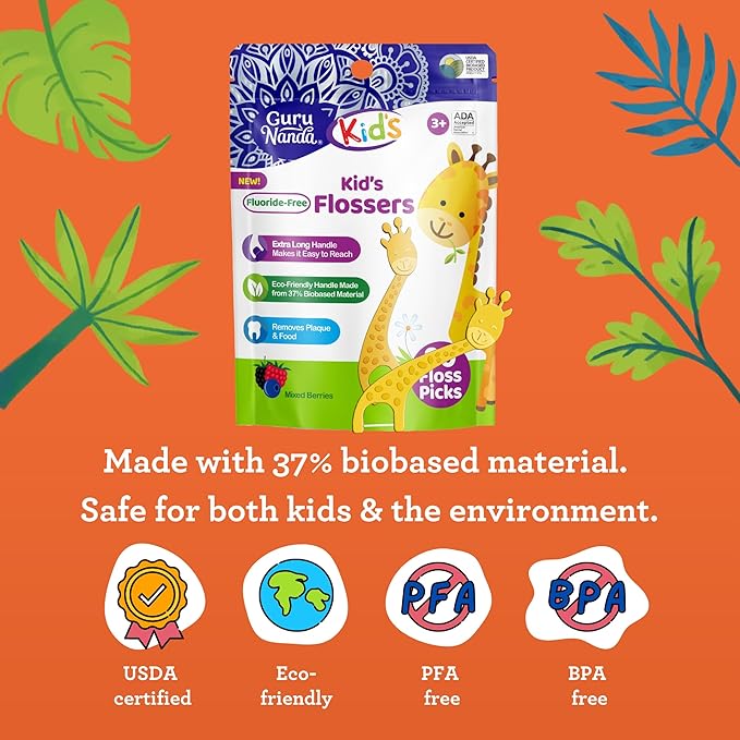 GuruNanda Dental Floss Picks for Kids, Extra-Long Giraffe-Shaped Picks, Fluoride-Free, Anti-Slip & Shred-Resistant Design & Eco-Friendly Handle & Berry Flavor, Ideal for Ages 3+, 90 Count (Pack of 1)