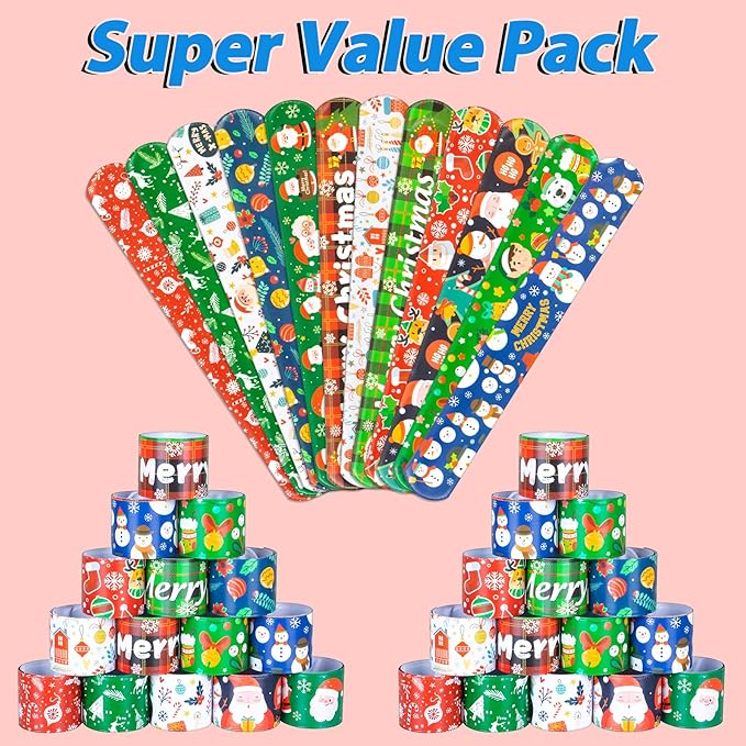36 Pieces Christmas Slap Bracelets for Kids, 12 Styles Colorful Christmas Slap Wristbands Bulk for Kids Christmas Party Favors Toys Prizes Goodie Bags Fillers