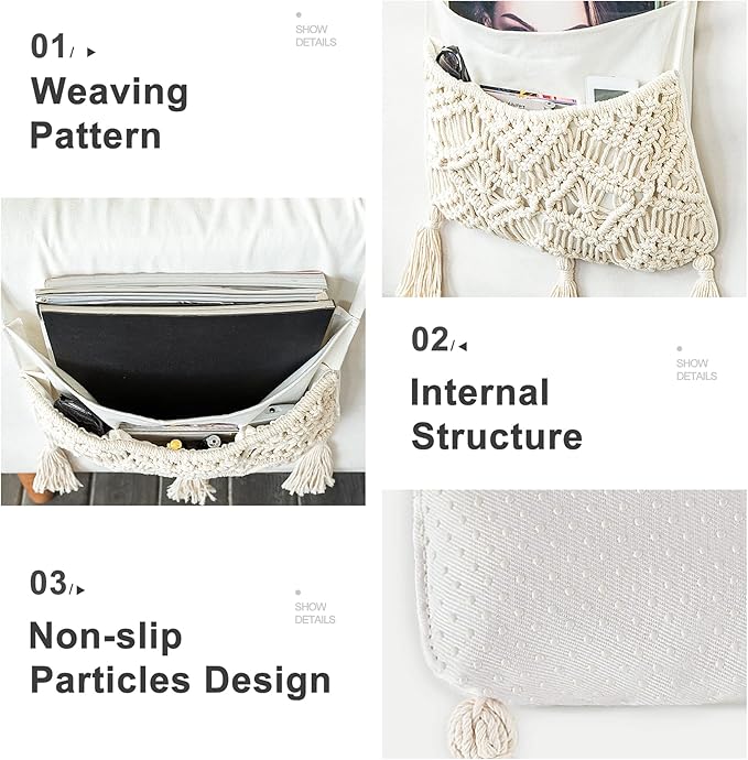 Mkono Macrame Couch Organizer Remote Control Caddy Sofa Armrest Armchair Bedside Storage Holder Bag for TV Remote, Magazine, Books, Cell Phone, iPad, Boho Living Room Home Dorm Decor, Beige