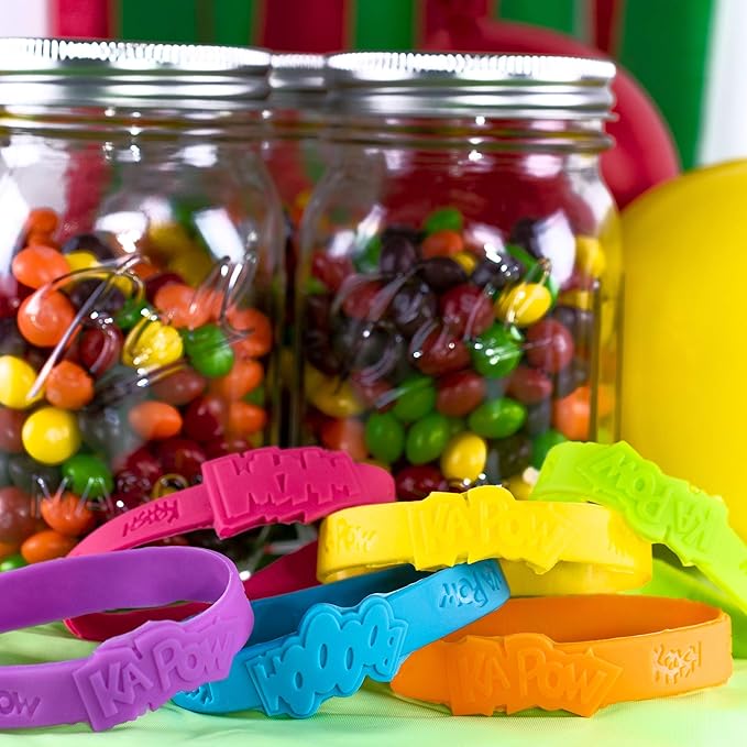 24 Assorted Superhero Comic Quotes & Sayings Colorful Rubber Jelly Bracelets for Children Birthdays, Party Favors, Kid's Goody Bags By Super Z Outlet