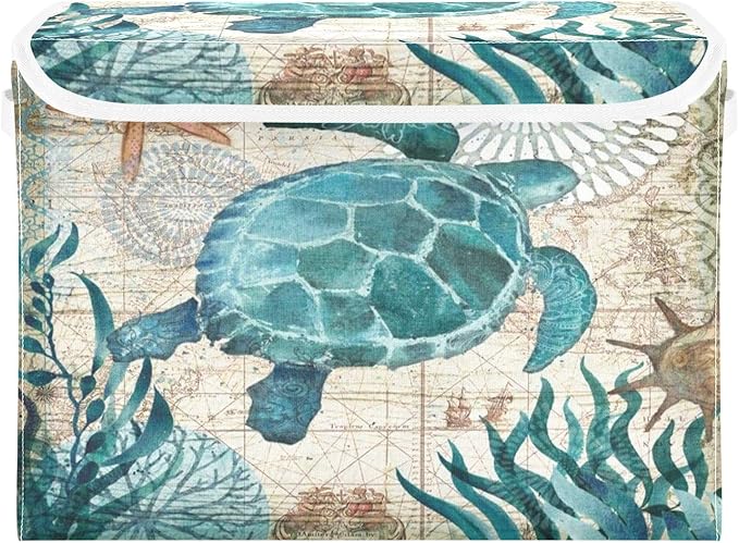 senya Large Storage Bins with Linen Collapsible Foldable Storage Cubes Fabric Closet Organizer Containers box with Flip-Top Lid for Home Bedroom Office 16.7 x 12.6 x 11.8in (Sea Turtle)