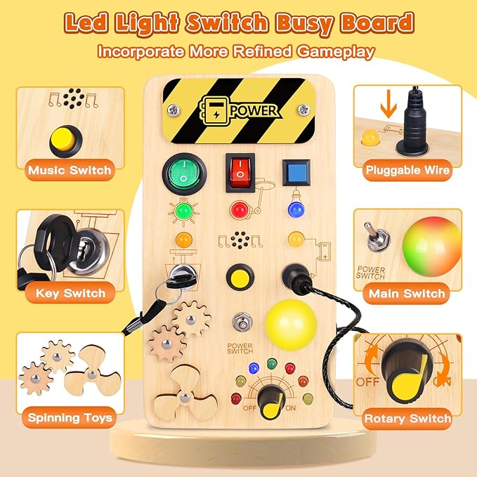Busy Board with LED Light, Wooden Sensory Toys for Toddler, Montessori Music Toy for Airplane, Travel Activity Educational Learning Autism Toys, Birthday Boys Girls Gifts