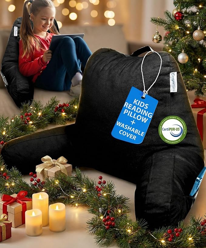 ComfortSpa Reading Pillow for Kids Teens Adult, Back Rest Pillow with Arms, Pockets, Washable Cover; Use as a Back Pillow for Bed Sitting Up for Bedrest or Relief from GERD Heartburn (Standard Black)