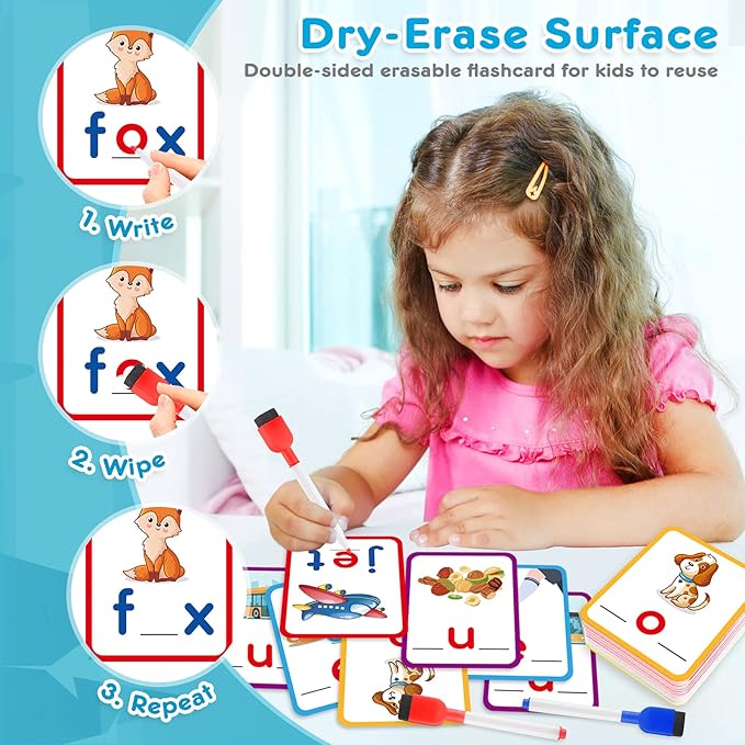 KMUYSL Learning Toys for 2 3 4 5 Years Olds Boys Girls, Short Vowel Spelling Flashcards, CVC Sight Words Handwriting Cards, Learn to Write Phonics Flash Cards, Presschool Educational Toy for Kids