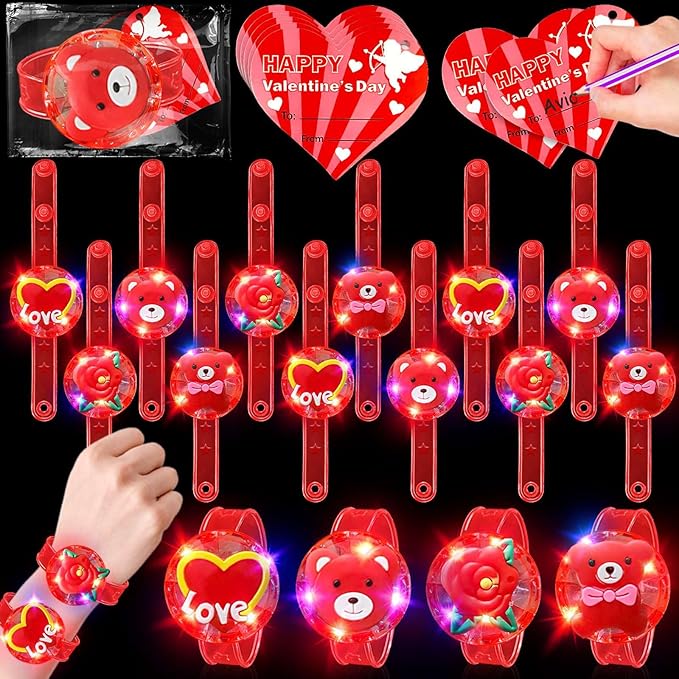 AMENON 24 Pack Valentines LED Bracelets Valentine Gifts Toys Party Favor for Kids Valentine Day Cards Heart with Flashing Light Up Bracelets Glow in the Dark for Valentine Classroom School