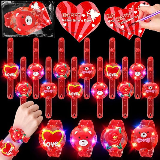 AMENON 24 Pack Valentines LED Bracelets Valentine Gifts Toys Party Favor for Kids Valentine Day Cards Heart with Flashing Light Up Bracelets Glow in the Dark for Valentine Classroom School