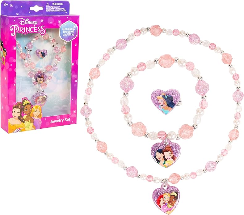 Girls Jewelry Set 3 Piece Princess Toys | Jewelry Set with Beaded Necklace for Gilrs - Toddler Bracelets and Girls Ring | Toddler Girl Toys | Kids Jewelry for Girls | Princess Dress up Ages 3+
