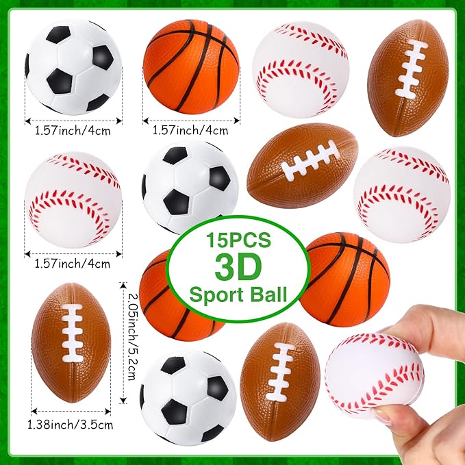 Aoriher Sport Party Favors for Kids, 15 Sets Sport Goodie Silicone Sport Bracelets Mini Stress Ball Keychain Temporary Tattoo Sticker Eraser for Sport Birthday Party Supplies Total 85 Pcs(Sport Ball)