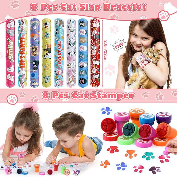 Cat Party Favors Birthday Supplies for Girl Kid Sequin Headband Squishy Toy Keychain Tattoo Sticker Stamper Slap Bracelet Goodie Bag Stuffer Pinata Cat Themed Party Favors Birthday Party Supplies