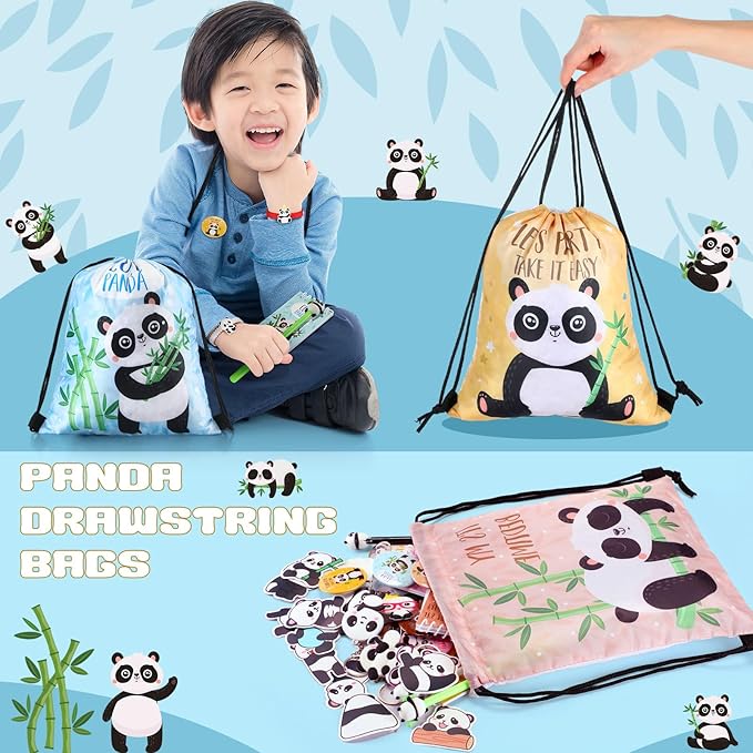 Abbylike 129 Pcs Panda Party Supplies Favors for Kids Panda Themed Birthday Party Supplies Gifts Include Panda Stickers Keychain Notebook Drawstring Bags Badges Pens Silicone Wristbands Headbands