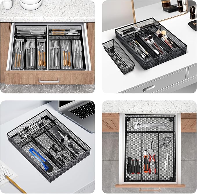Neudeco Drawer Organizer Set 5 Pack - 4-Compartment Silverware Organizer Tray + 4 Utensil Trays, Kitchen Drawer Organizer for Flatware, Cutlery, Office Supplies, Black Mesh, Non-Slip.
