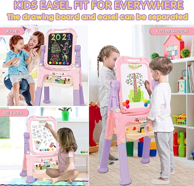 Art Easel for Kids, Adjustable Standing Rotatable Double Sided Easel with Painting Accessories for Toddlers Boys and Girls-Pink