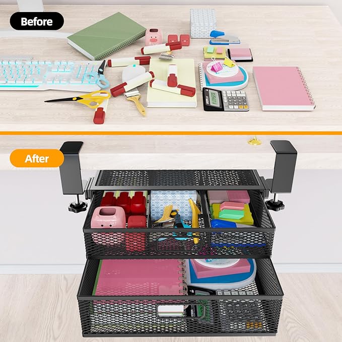 Under Desk Drawer Organizer No Drilling 2 Slide Out Drawer Under Desk Storage Drawer Clamp On Under Desk Management Drawer Organizer Suitable for Home and Office | No Drilling, Clamp On, Organizer