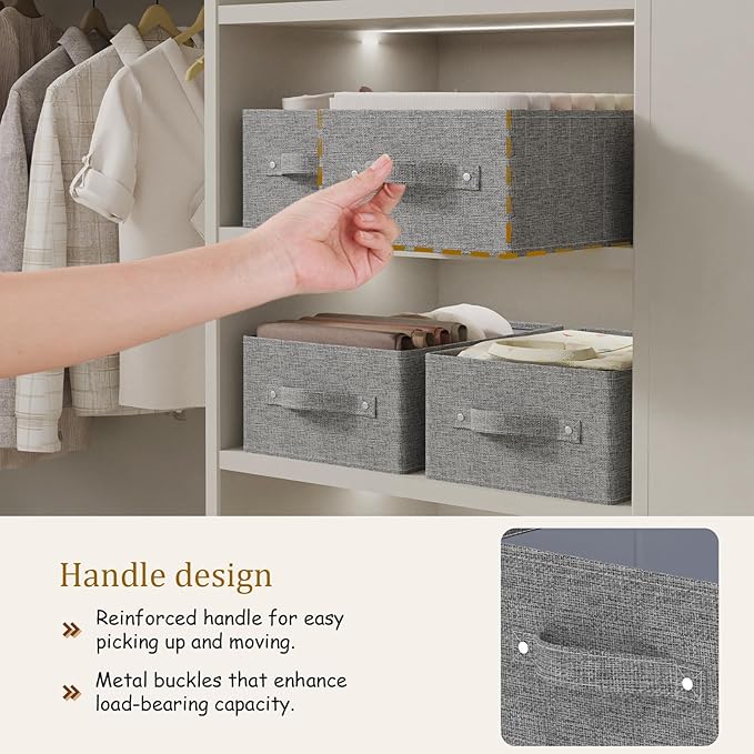 Collapsible Storage Boxes Bins, Fabric Laundry Baskets, Cube Organizer Bins for Organizing Home, Office and Closet, Grey, 3 Pack, 16.1x9.8x6.4in