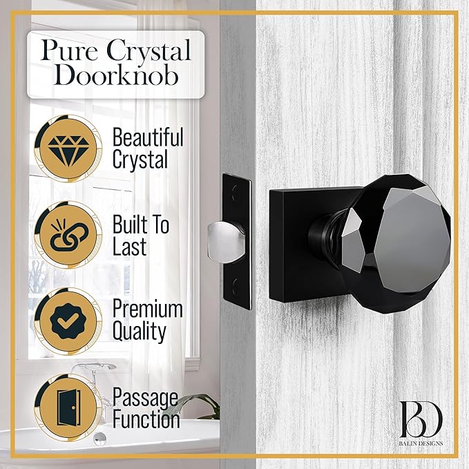 Black Crystal Door Knob, Square Base, Glass Door Knobs Interior Non-Locking Set, Antique Decorative Vintage Style for Hallway, Closet, Passage Doors, 1 Pack