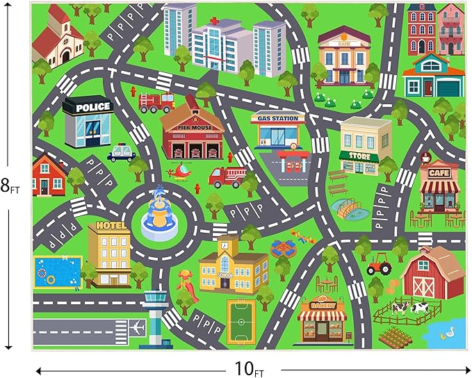 Kids Room Rug - Soft & Non-Slip 8x10 Ft Town Car Rug City Map Play Mat, Childrens Road Catpet Washable Rug for Classroom Nursery Bedroom Boys