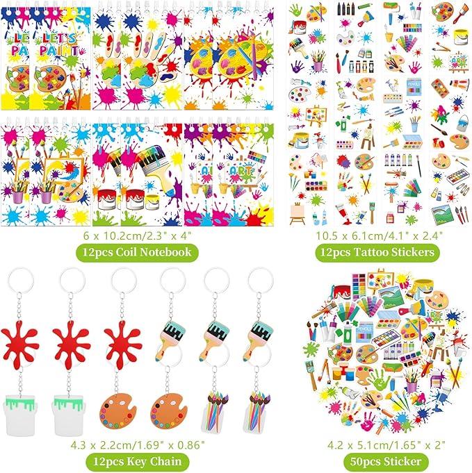 121PCS Art Party Favors Set, Paint Party Favors for Kids, 49 Stickers, 12 Tattoo Stickers, 12 Button Badges, 12 Mini Notepads, 12 Slap Bracelets, 12 Keychains, 12 Goodie Bags for Boys Girls Painting