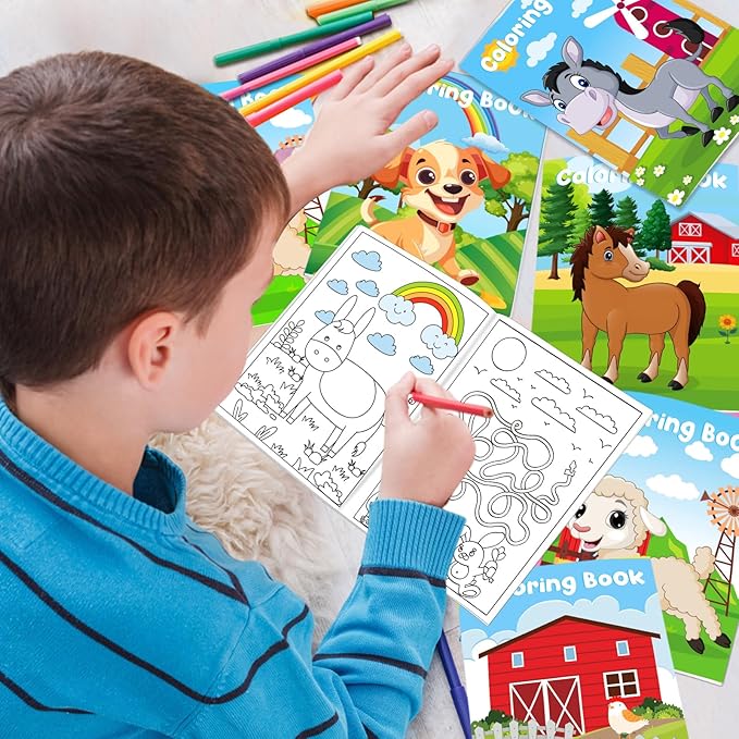 24Pcs Farm Animals Mini Coloring Books for Kids Party Favors Bulk Gift Cows Horses Barns Small Art Drawing Book for Goodie Bags Stuffer for Holiday Birthday Party School Classroom Activity Supplies