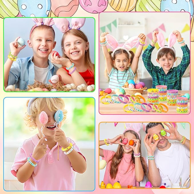 JUNEBRUSHS 42pcs Easter Party Favors Silicone Bracelets Bunny Egg Carrot Chicks Flowers Rubber Wristbands Accessories for Easter Egg Fillers Gifts Basket Stuffers Accessories Party Decorations