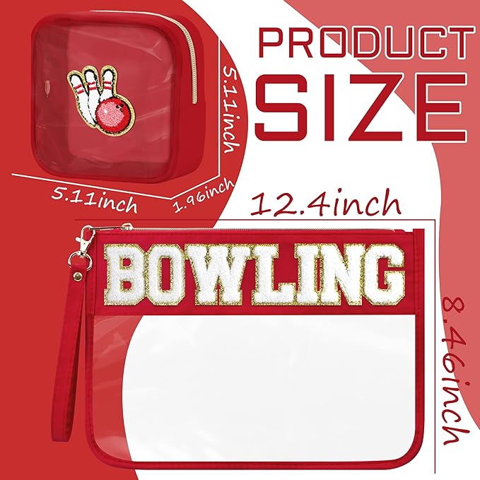 BuyCard 2 Pcs Bowling Gifts Makeup Bag with Chenille Letter Patch, Clear Cosmetic Pouch PVC Organizer Purse, Waterproof Travel Bag, Portable Toiletry Storage Bag for Her Girls Friends Women