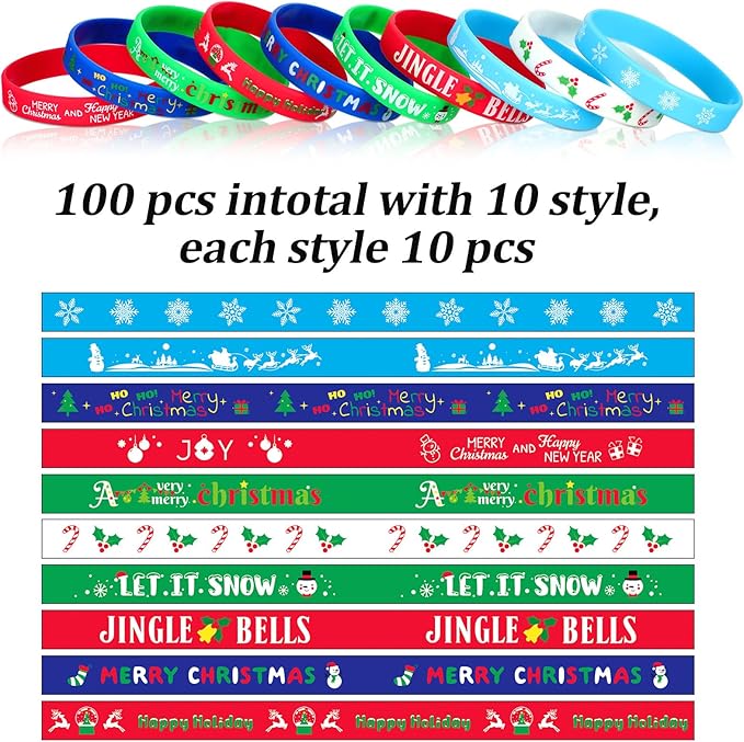 Hiboom 100 Pieces Christmas Silicone Bracelets Bulk Christmas party favors Rubber Wristbands for Adults Holiday Party Decoration Supplies Stocking Stuffers, 10 Styles