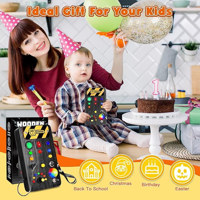 Busy Board Montessori Toys for Toddler, Wooden Sensory Board Switch Toy with Color-Changing LED Light Up Travel Toys Educational Plane Travel Activity for 1-6 Year Old Girls & Boys Gifts