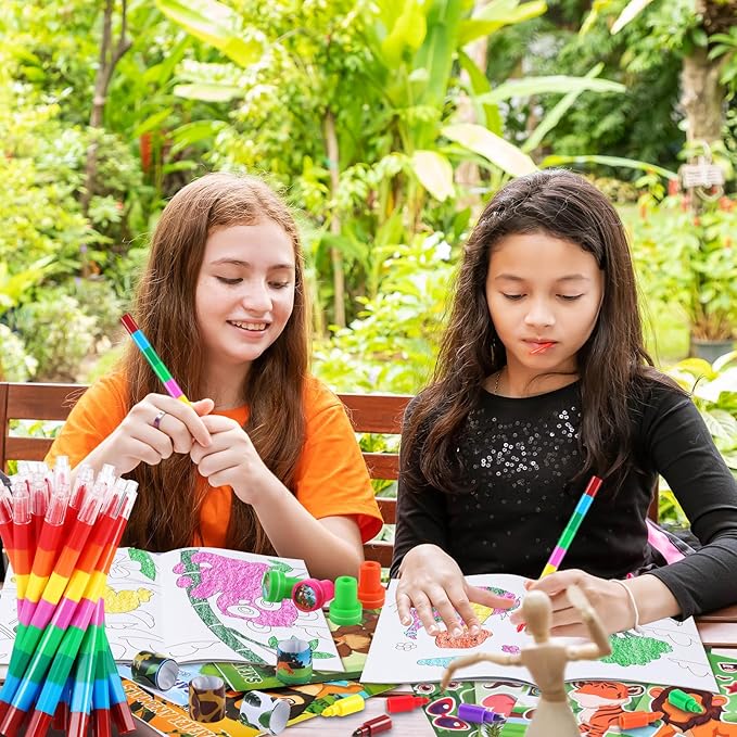 BenLouis 192Pcs Jungle Safari Party Favors Zoo Animals Coloring Books Crayons Sticker Stampers Slap Bracelets Set Bulk Classroom Prizes for Kids Wild One Party Baby Shower Goodie Bags Fillers