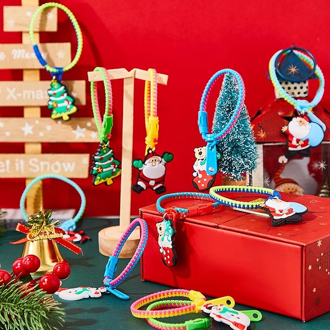 Hicarer 24 Pieces Christmas Zipper Bracelets Fidget Toys Bulk Neon Color Friendship Zipper Bracelet with Snowman Christmas Tree Santa Claus Pendant for Kids Christmas Birthday Party Favors