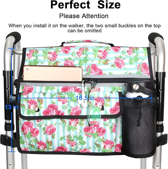 Wheelchair Storage Bag, Double-Sided Armrest Pouch with Cup Holder and Reflective Strip, for Wheelchairs and Walkers (White Floral)