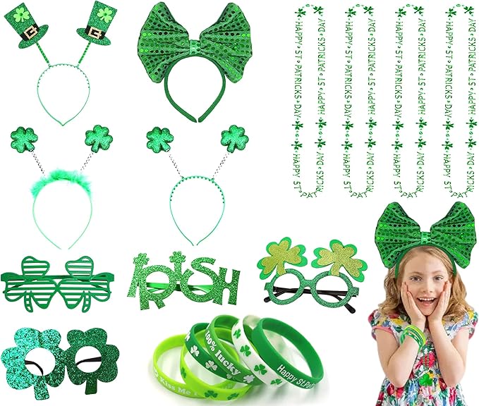 Atonofun 18 Pcs St. Patrick's Day Accessories for Kids, St. Patrick's Day Headbands, Lucky Bracelet, Shamrock Eyeglass and Clover Necklace for Irish Party Supplies Decorations