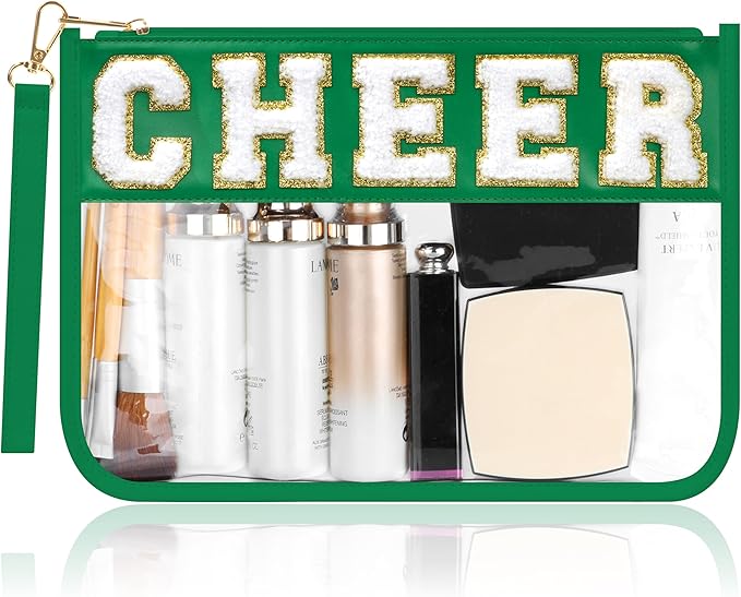 BuyCard Cheer Chenille Letter Bags Clear Makeup Bag, Cheerleader Gifts Cosmetic Bag, Varsity Preppy Patch Flat Pouch Cheer Accessories, Waterproof PVC Organizer Toiletry Bag for Women Girls Green