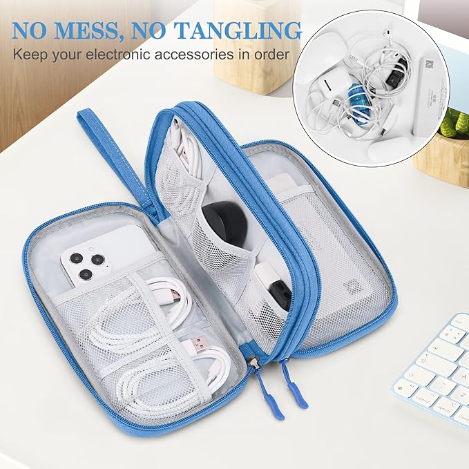 FYY Electronic Organizer, Travel Cable Organizer Bag Pouch Electronic Accessories Carry Case Portable Waterproof Double Layers Storage Bag for Cable, Cord, Charger, Phone, Earphone, Medium Size, Cyan