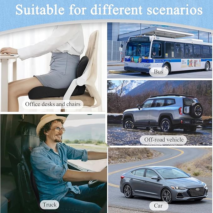 Ergonomic Seat Cushion with Adjustable Strap, Memory Foam Office Chair Seat Cushion with L-Shaped Design, Car Seat Cushion Fits for Truck Driver Semi Truck, Gaming Chair, Desk, Dark Gray