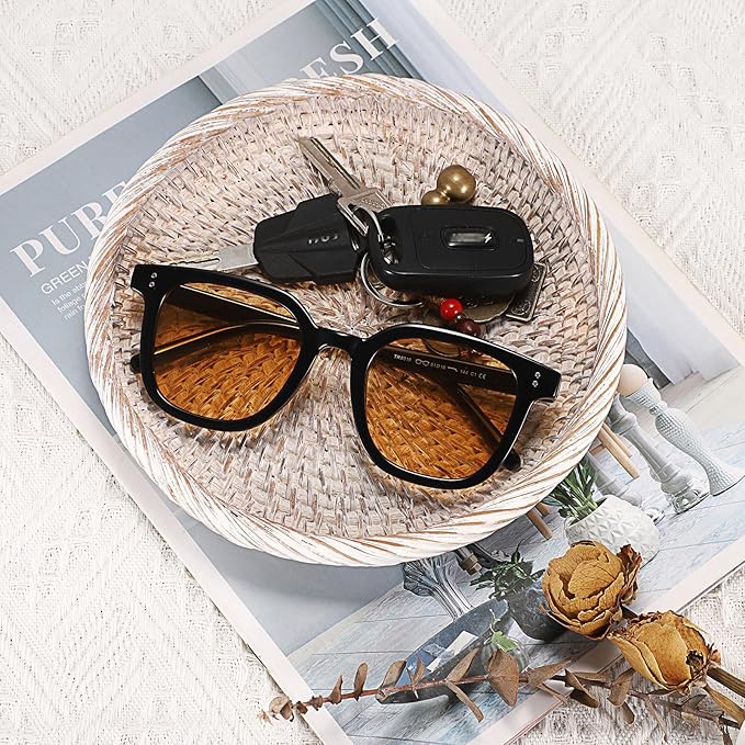 Hipiwe Small Key Basket Bowl for Entryway 7.6" Round Woven Wicker Basket Fruit Serving Tray Woven Basket Wall Decor Rattan Organizer Basket for Keys, Wallet,Whitewash